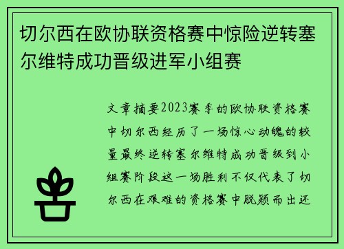 切尔西在欧协联资格赛中惊险逆转塞尔维特成功晋级进军小组赛