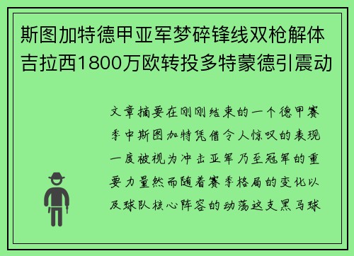 斯图加特德甲亚军梦碎锋线双枪解体吉拉西1800万欧转投多特蒙德引震动 斯图加特德甲亚军梦碎锋线双枪解体吉拉西1800万欧转投多特蒙德引震动